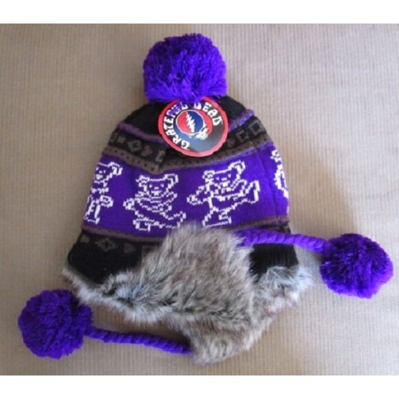 New Purple Grateful Dead Knit Dancing Bear Adult Laplander Hat Winter Fuzzy Warm - Picture 2 of 2
